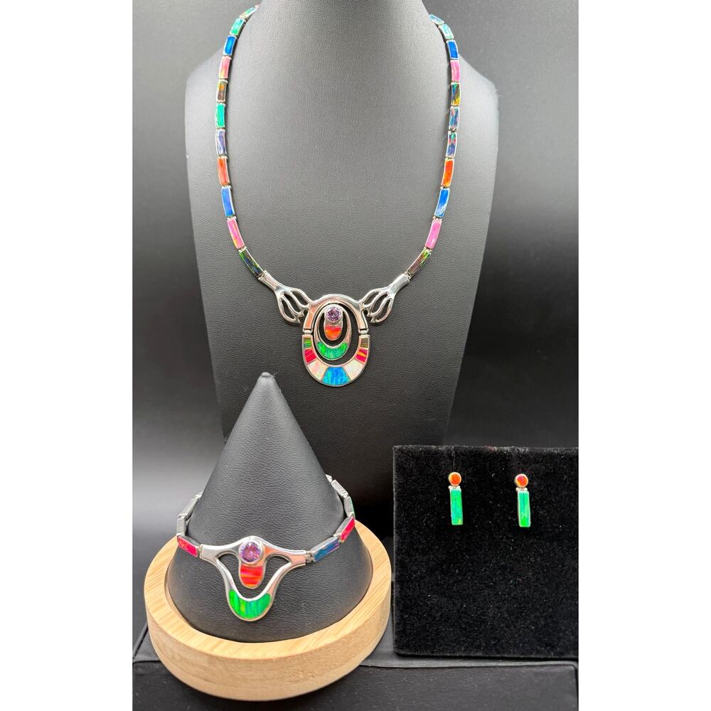 950 Silver Mexico TR115 Multi Fire Opal/Gemstone Necklace-Bracelet-Earring Set